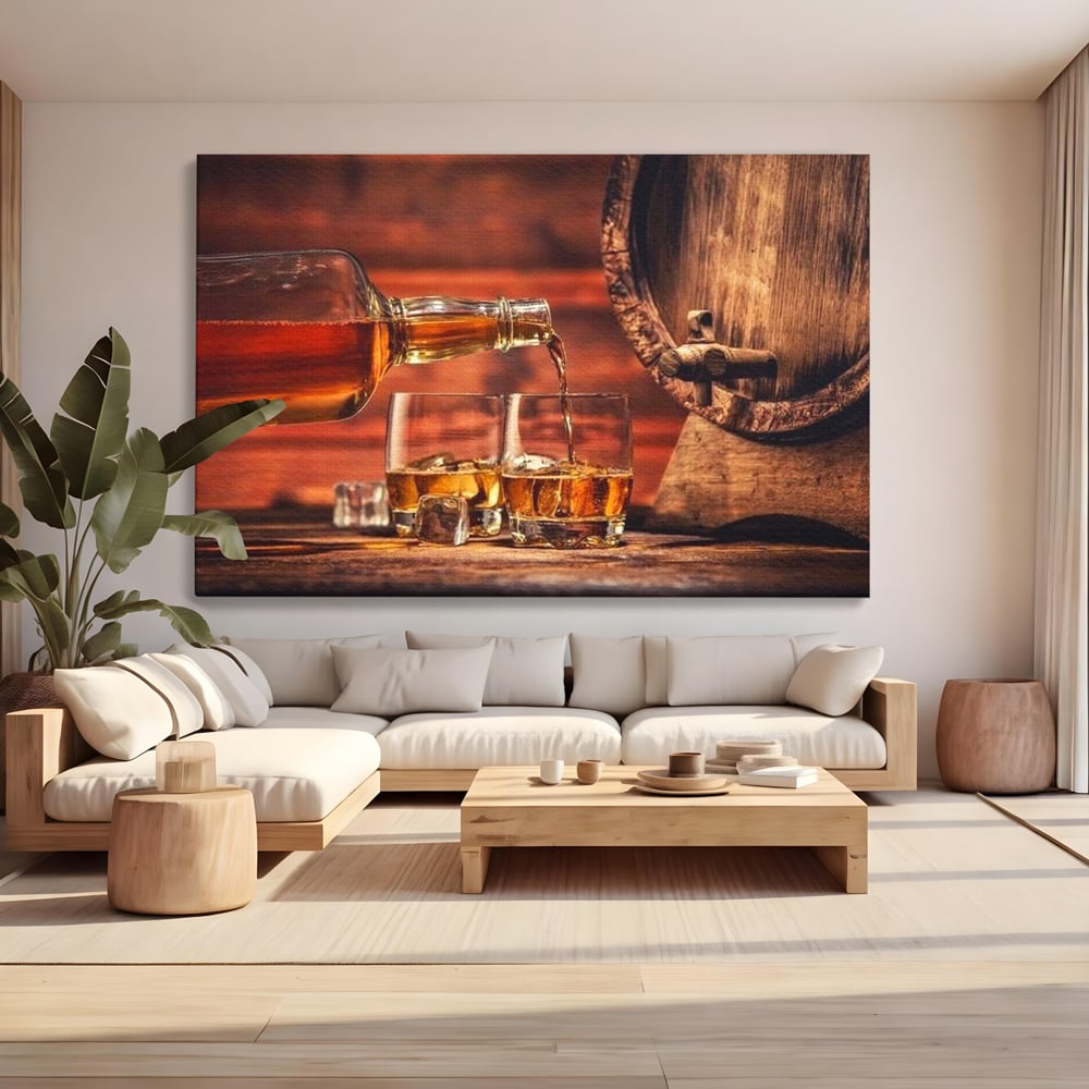 Tablou canvas cu tablou canvas cu whisky si butoi lemn, fara rama, pe sasiu de lemn, pe perete intr-un living